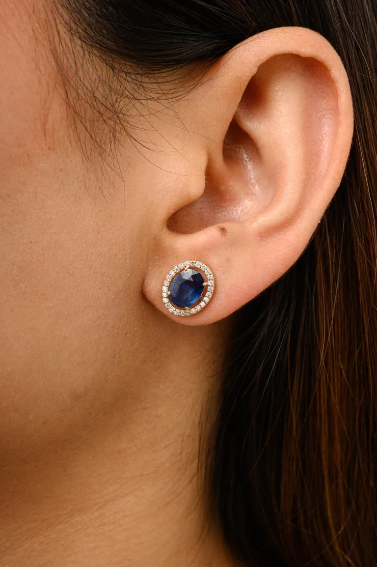 14K Solid Yellow Gold Blue Sapphire Halo Diamond Stud Earrings