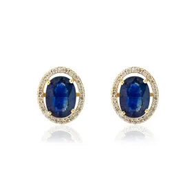 14K Solid Yellow Gold Blue Sapphire Halo Diamond Stud Earrings