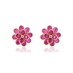 18K Solid Yellow Gold Ruby Floral Stud