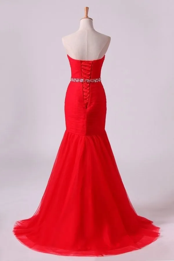 2024 Red Mermaid Sweetheart Floor Length Prom Dresses With Ruffles And PJLR8N71