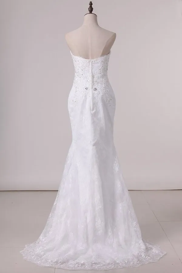 2024 Wedding Dresses Sweetheart Lace With Applique And Beads Mermaid Court PNXF123Z