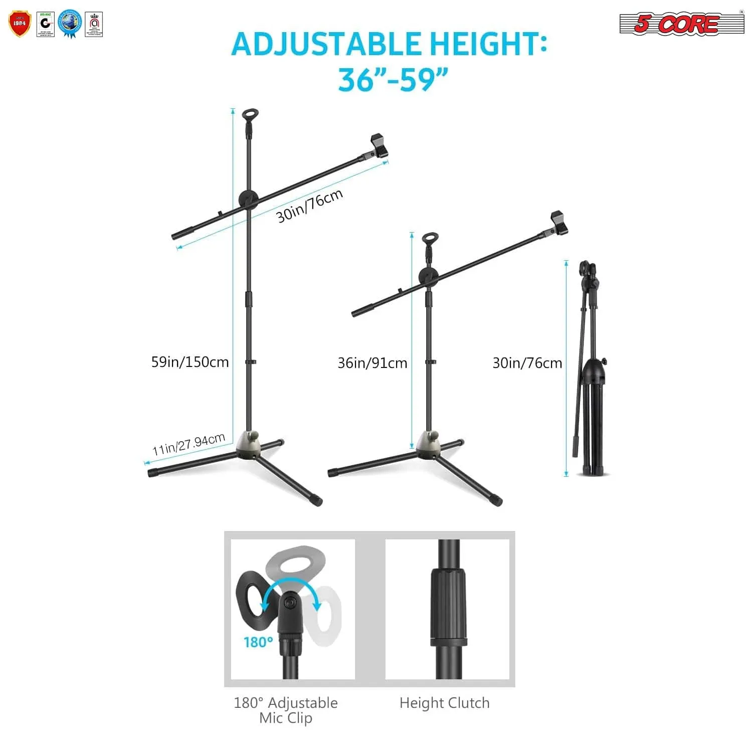 5Core 360° Rotating Microphone Stand Dual Mic Clip Boom Arm Foldable