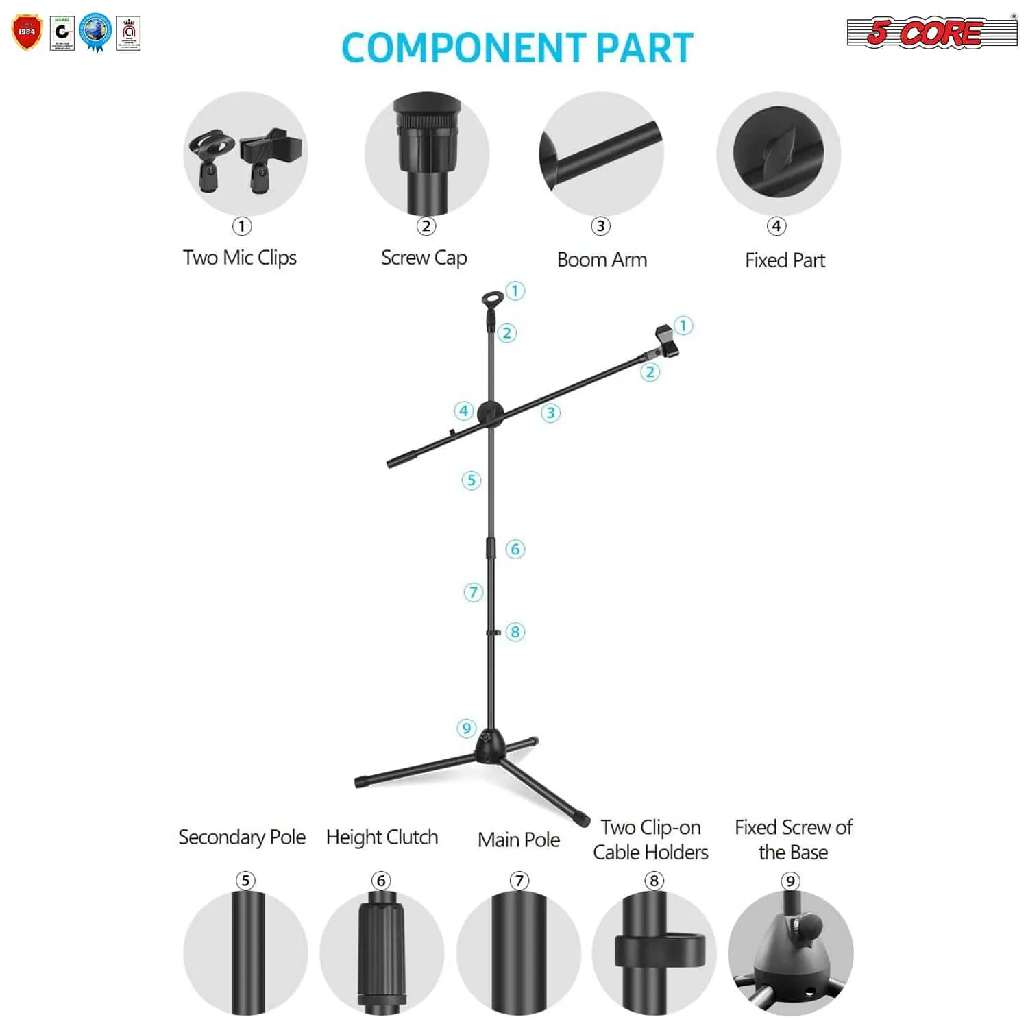 5Core 360° Rotating Microphone Stand Dual Mic Clip Boom Arm Foldable