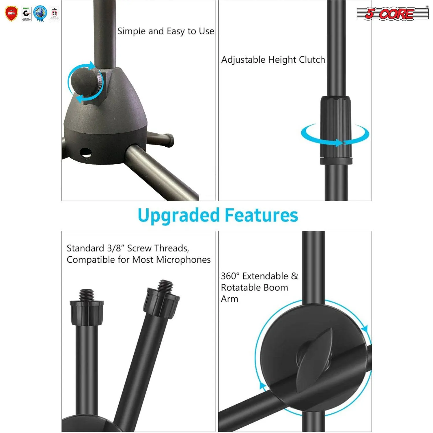 5Core 360° Rotating Microphone Stand Dual Mic Clip Boom Arm Foldable