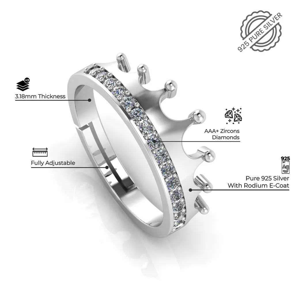 925 Pure Starling Silver Zircon Embellished Crown and Classy Status Special Couple's Ring