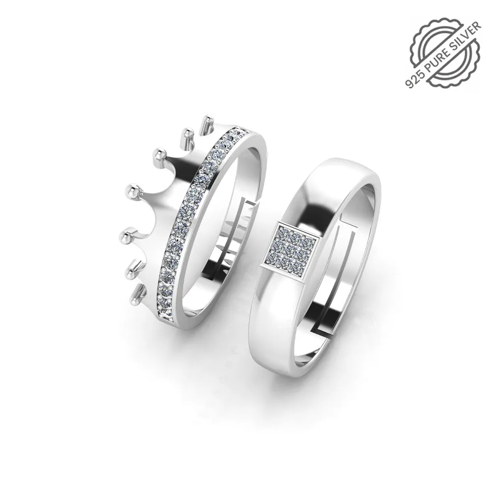 925 Pure Starling Silver Zircon Embellished Crown and Classy Status Special Couple's Ring