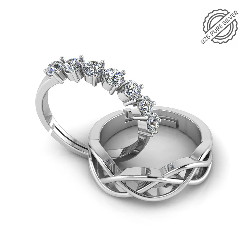 925 Sterling Silver Diamond Studded Minimal and Celtic Knot Couple's Ring