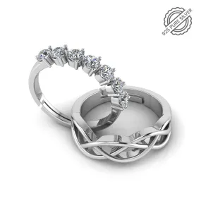 925 Sterling Silver Diamond Studded Minimal and Celtic Knot Couple's Ring