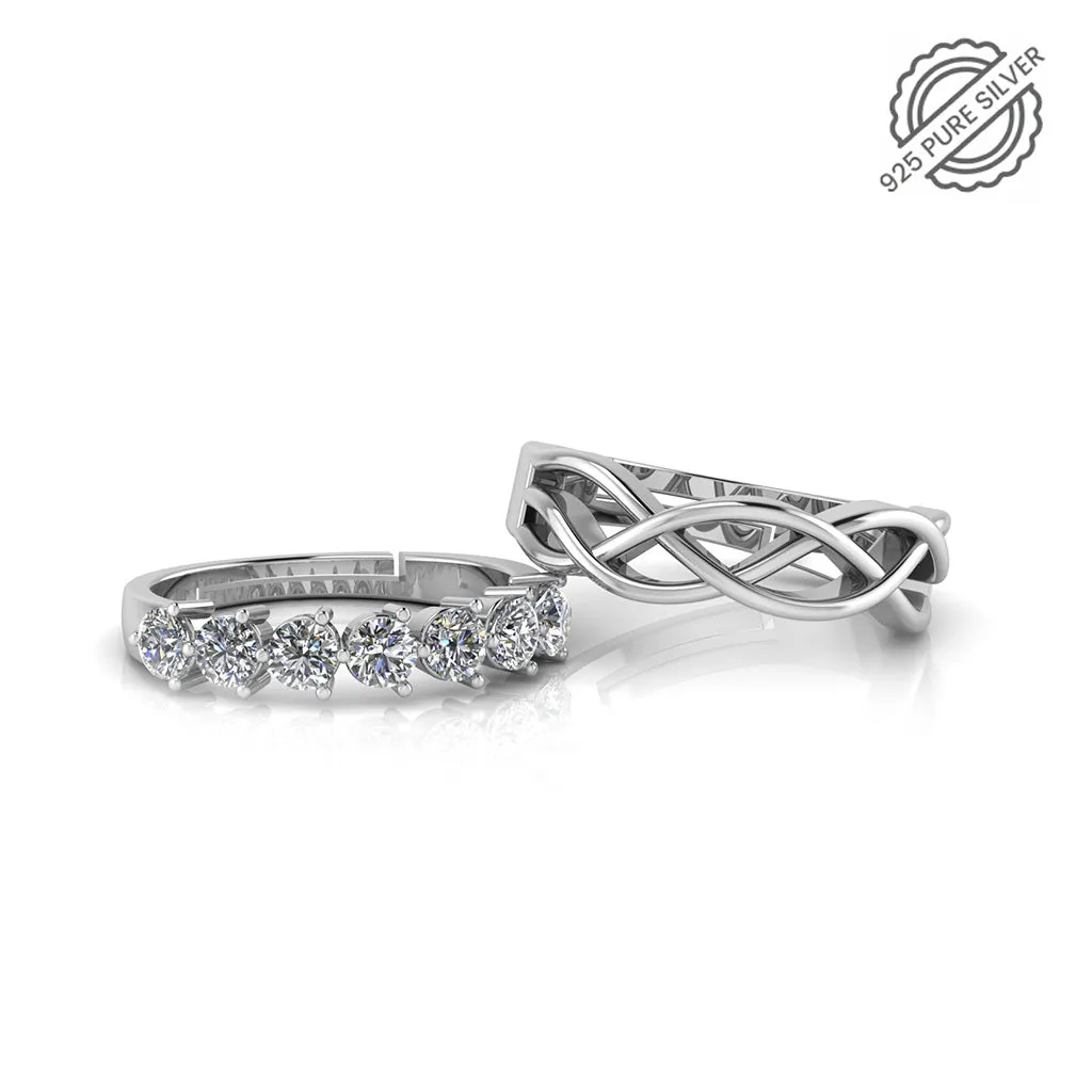 925 Sterling Silver Diamond Studded Minimal and Celtic Knot Couple's Ring