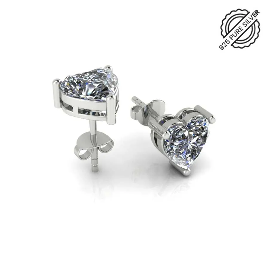 925 Sterling Silver Heart Shape Diamond Stud Earrings for Women and Girls