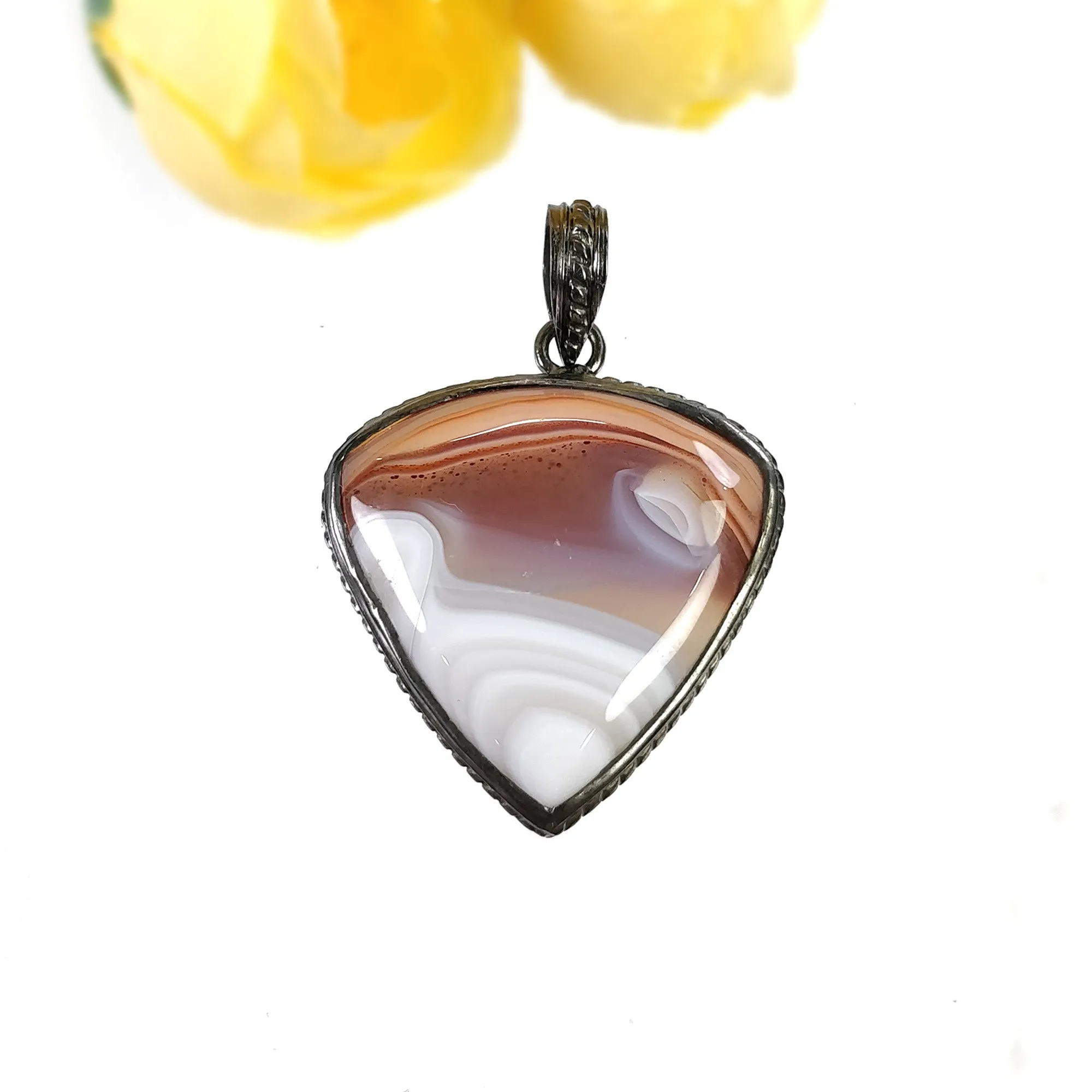 925 Sterling Silver PENDANT : 11.67gms Natural BOTSWANA AGATE Gemstone Heart Shape Victorian Silver Bezel Set Pendant 1.75"