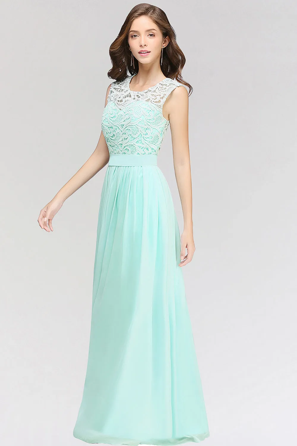 A-line Chiffon Lace Jewel Sleeveless Long Bridesmaid Dress with Ruffles