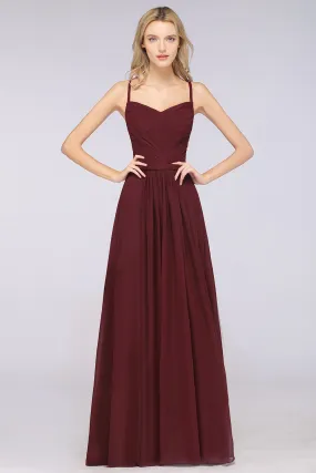 A-Line Chiffon Sweetheart Long Backless Bridesmaid Dress with Ruffles