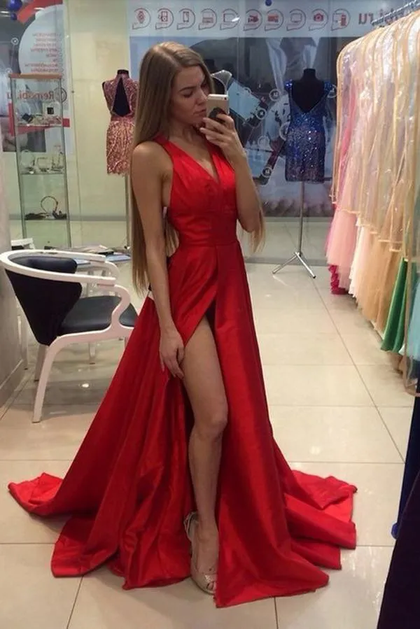 A Line Red Sleeveless V Neck with Side Split Floor Length Open Back Satin Prom Dresses