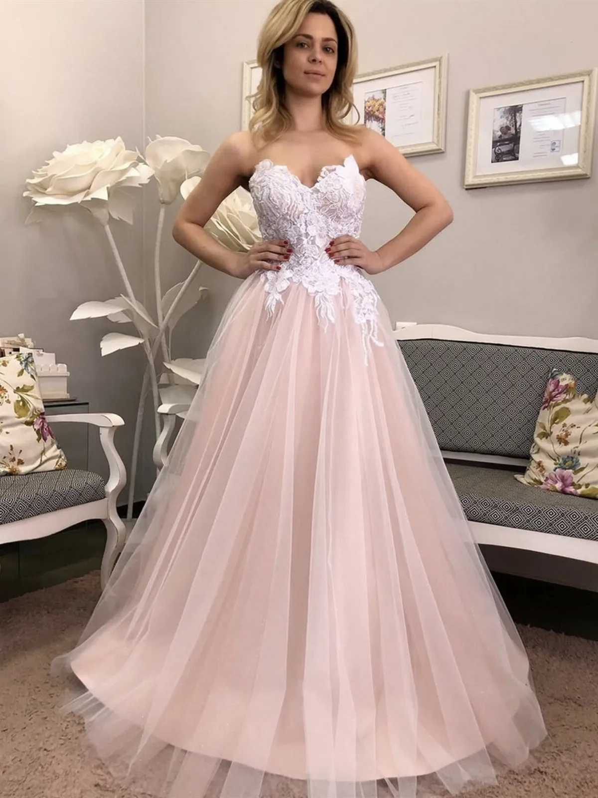 A-line Sweetheart Tulle Lace Formal Graduation Dresses Long Prom Dresses