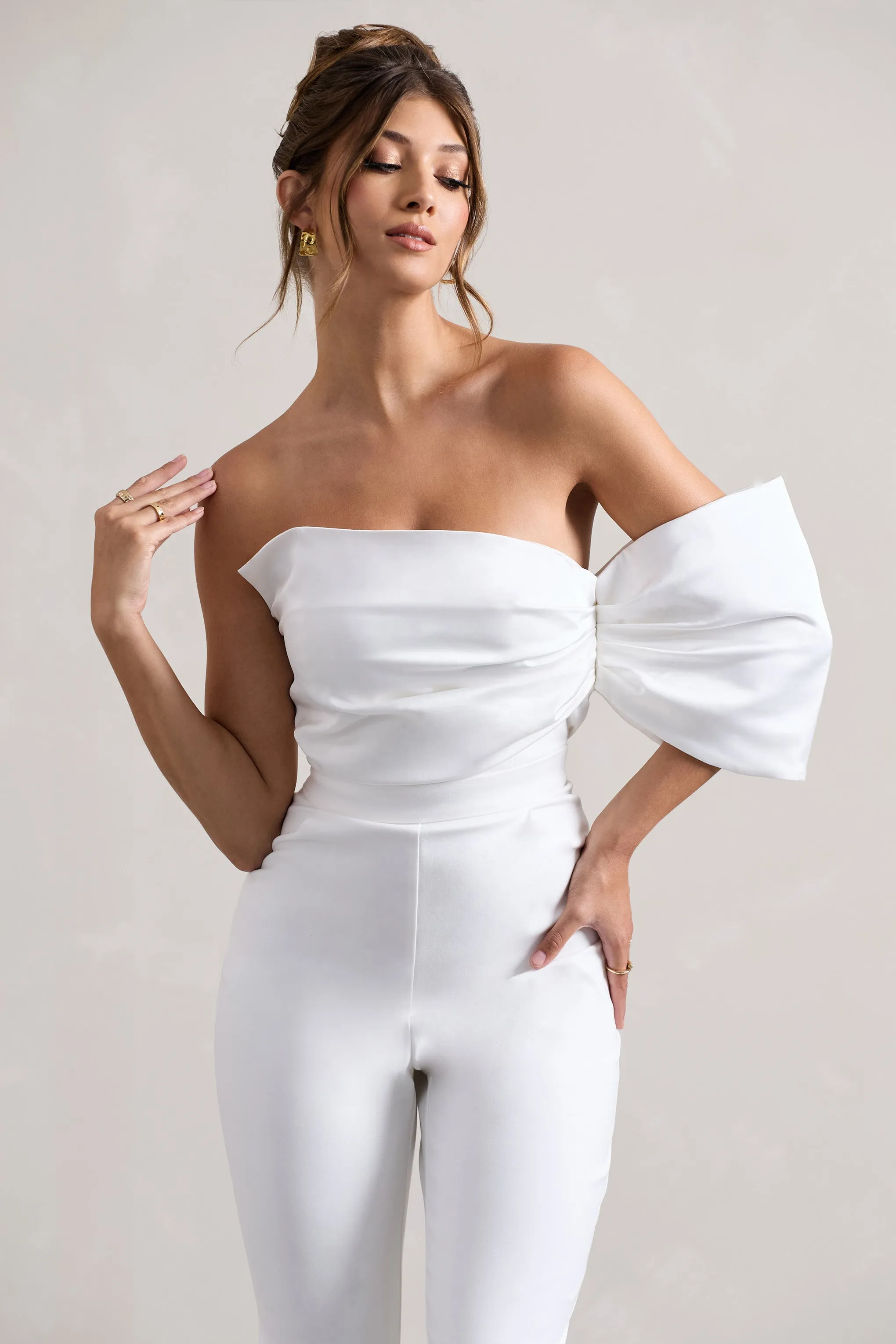 Adabella | White Satin Strapless One-Sleeve Straight-Leg Jumpsuit