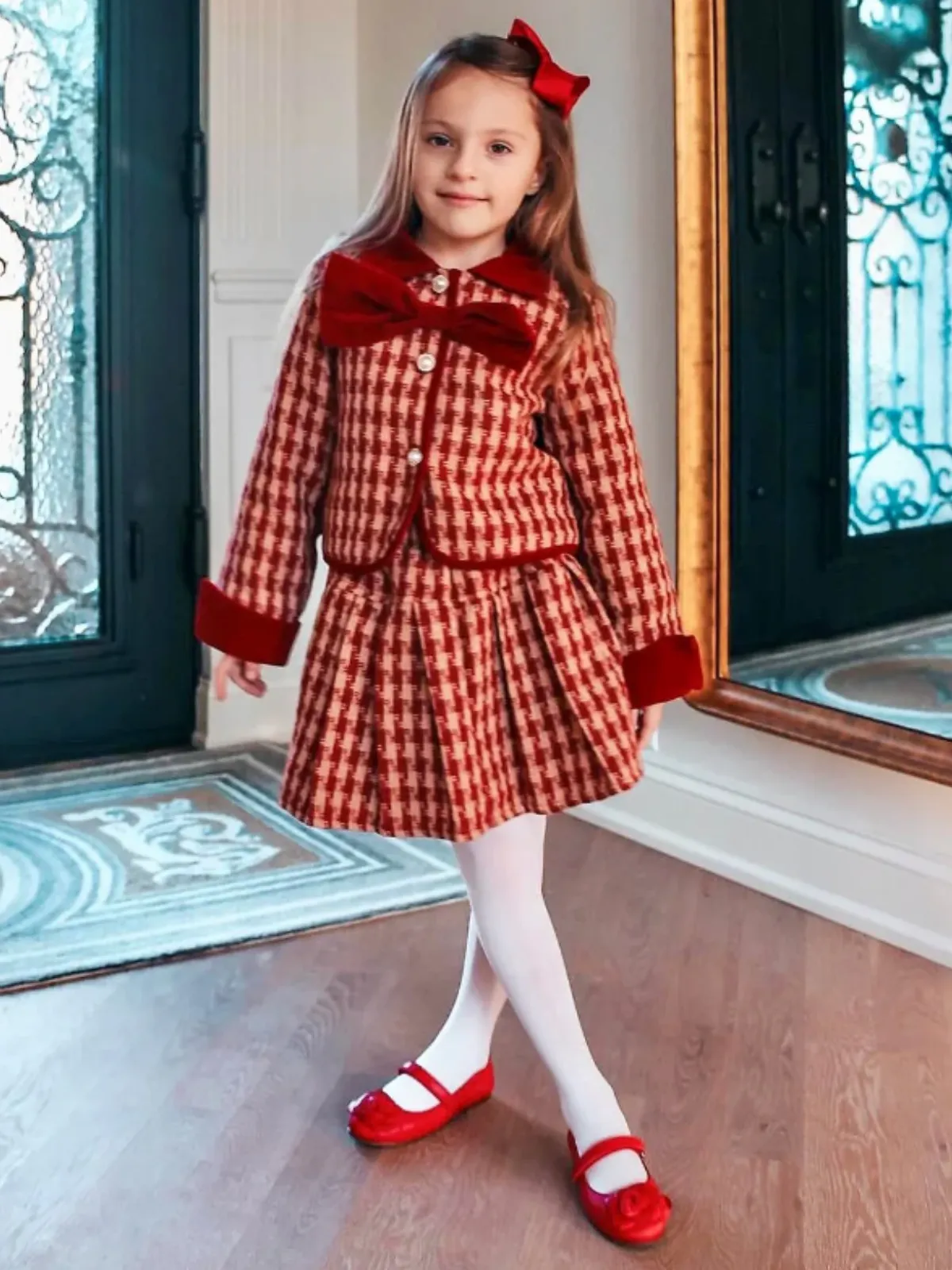 Adorable Red Velvet and Plaid Girls' Skirt and Jacket Set with Pearl Buttons