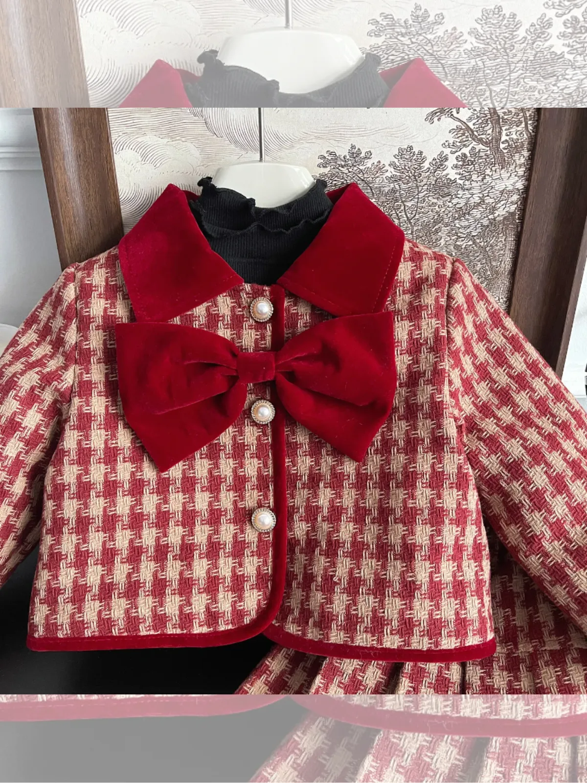 Adorable Red Velvet and Plaid Girls' Skirt and Jacket Set with Pearl Buttons