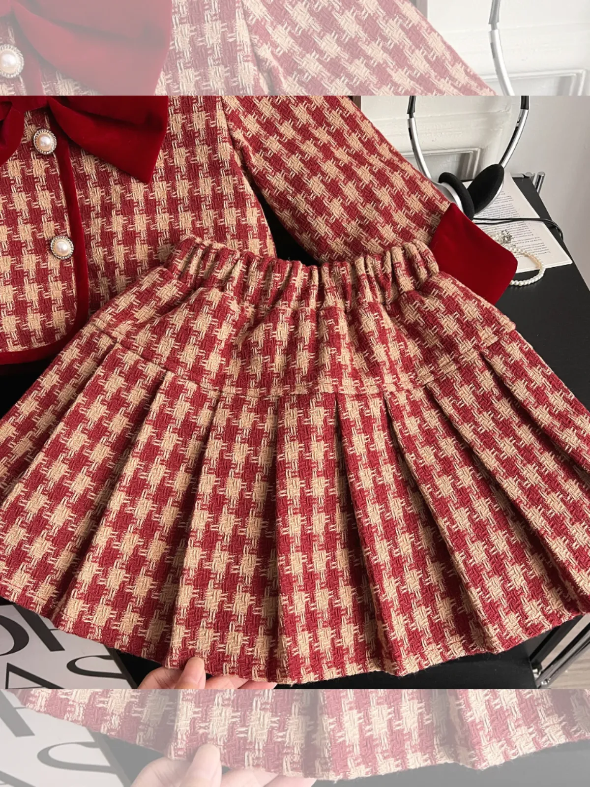 Adorable Red Velvet and Plaid Girls' Skirt and Jacket Set with Pearl Buttons