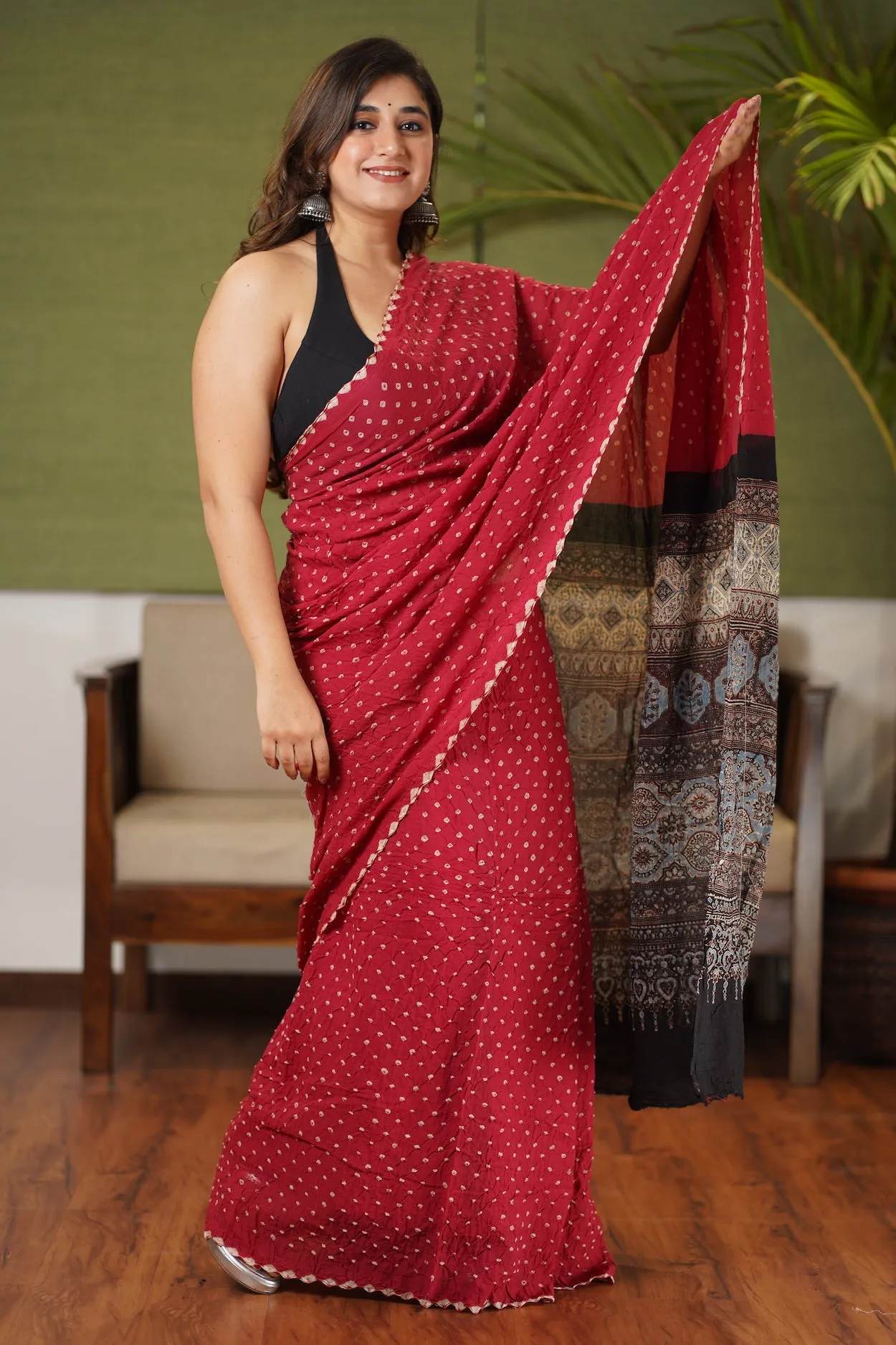 Ajrakh Bandhani Mul Cotton Saree