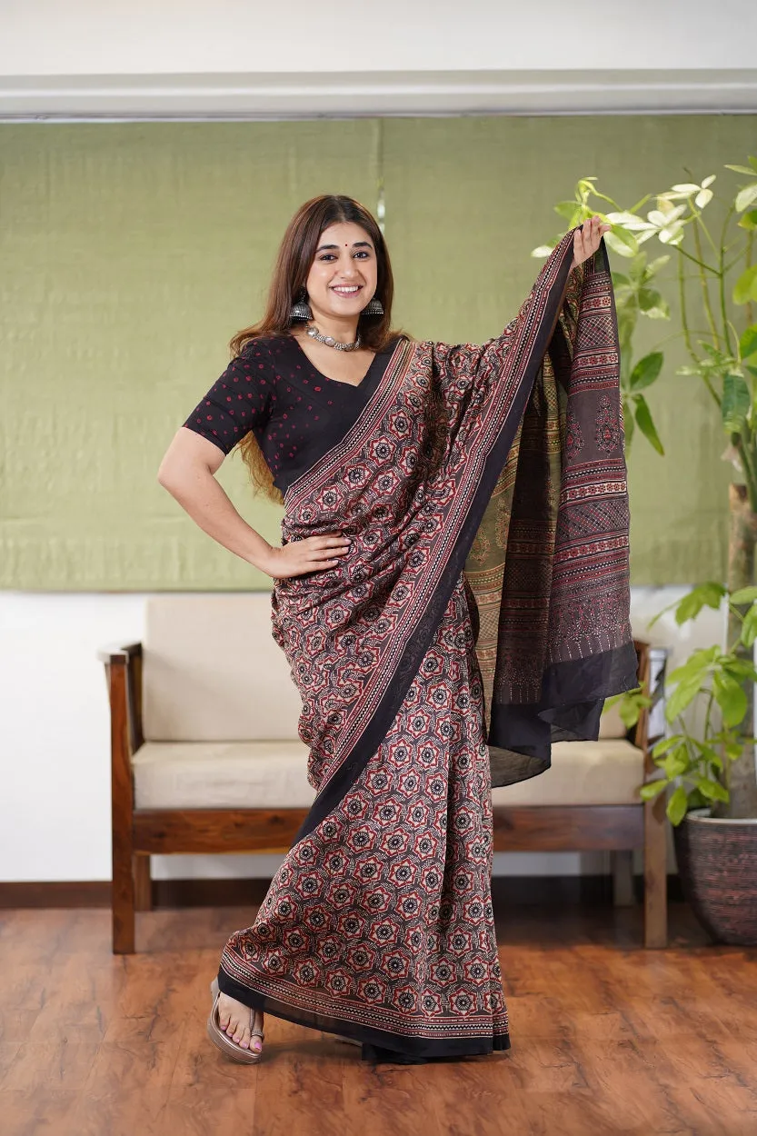 Ajrakh Hand Block Printed Chanderi Silk saree