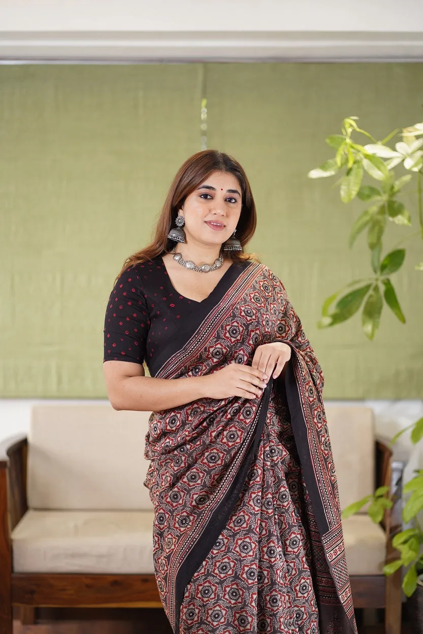 Ajrakh Hand Block Printed Chanderi Silk saree