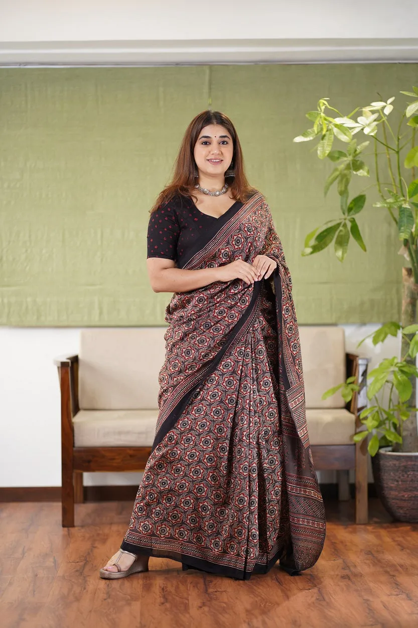 Ajrakh Hand Block Printed Chanderi Silk saree