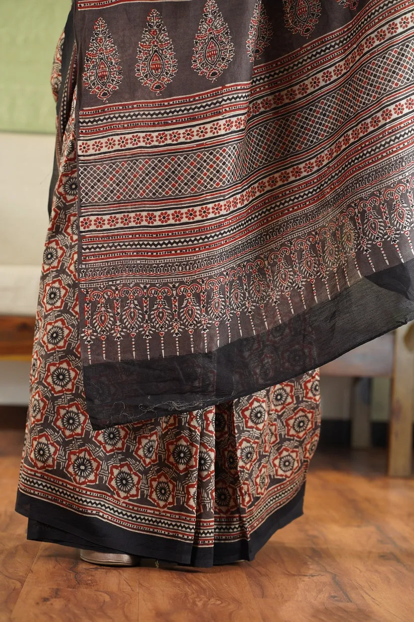 Ajrakh Hand Block Printed Chanderi Silk saree