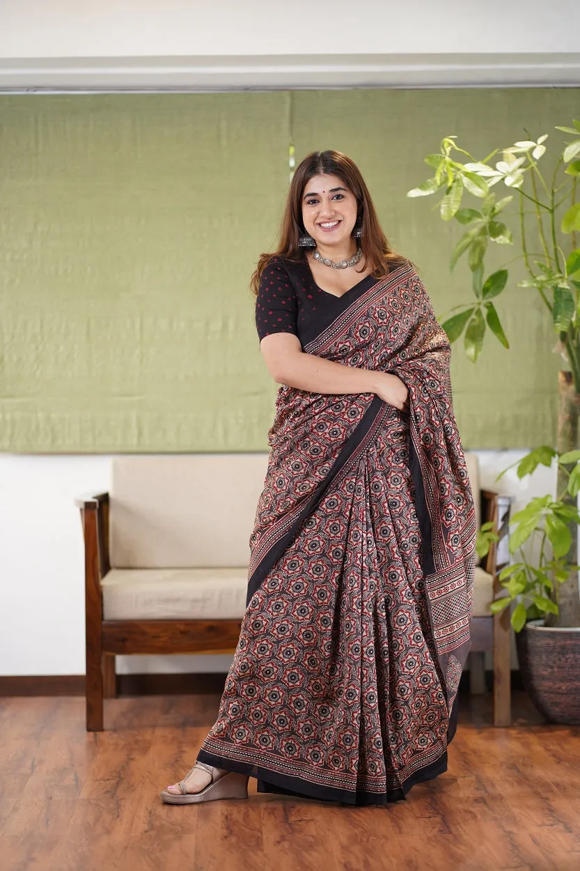 Ajrakh Hand Block Printed Chanderi Silk saree