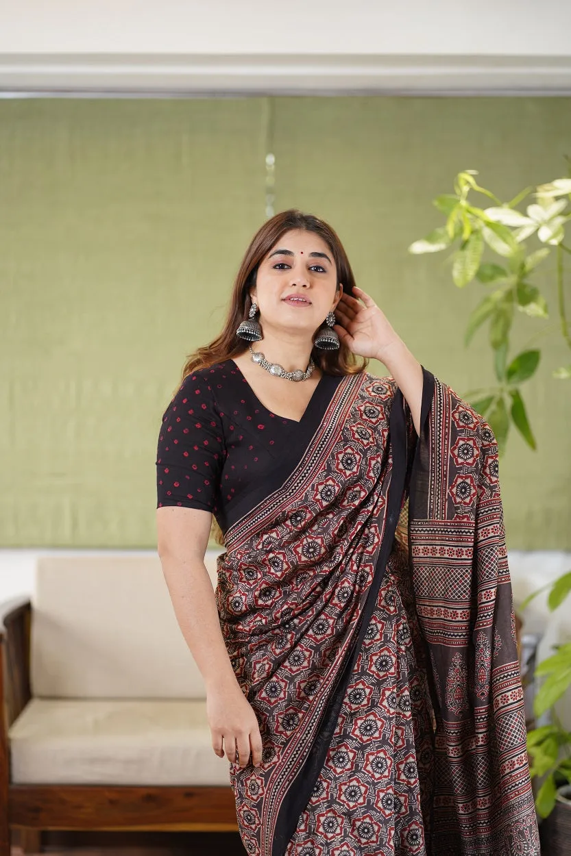 Ajrakh Hand Block Printed Chanderi Silk saree