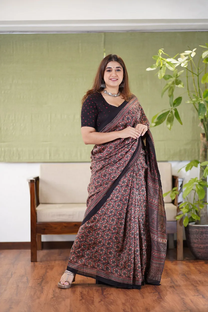 Ajrakh Hand Block Printed Chanderi Silk saree