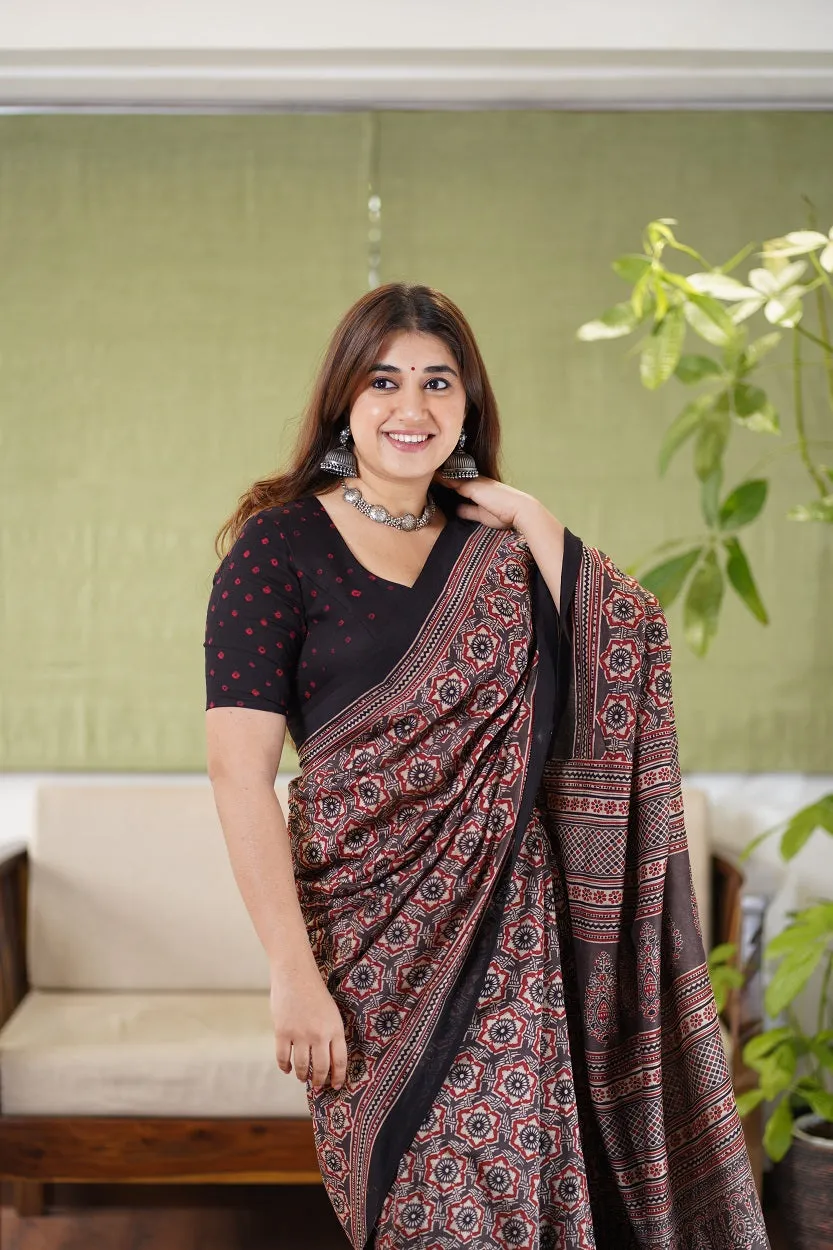 Ajrakh Hand Block Printed Chanderi Silk saree