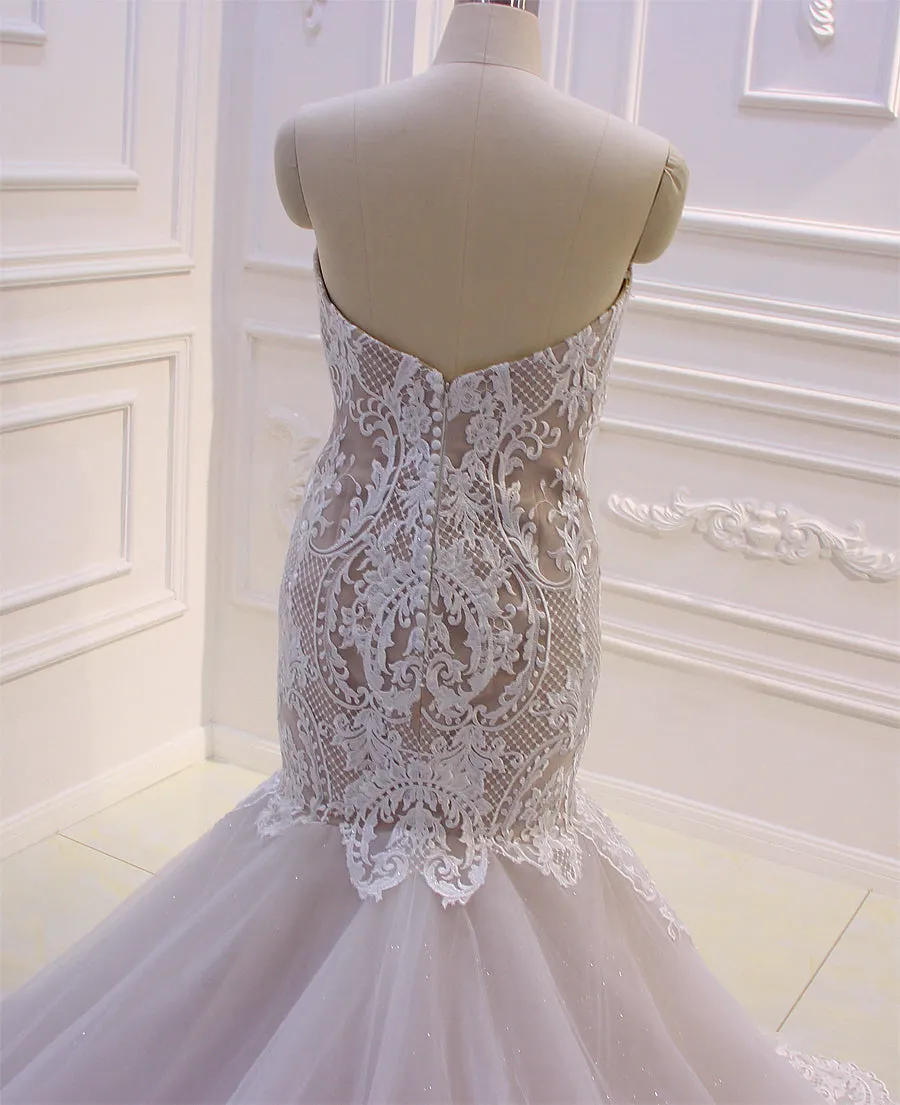 AM281 Lace Appliques Mermaid Champagne Strapless Wedding Dress