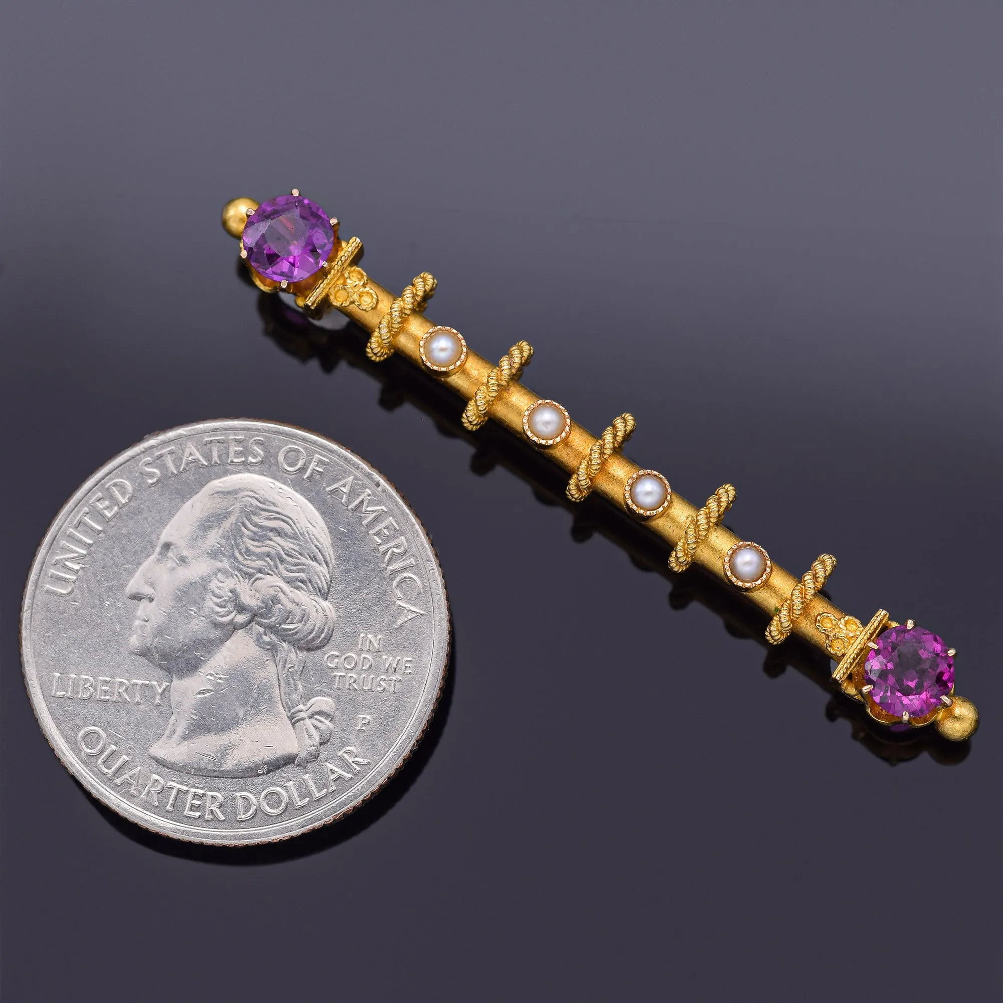 Antique 18K Gold Purple Tourmaline & Sea Pearl Bar Brooch Pin 51.5 x 6.0 mm