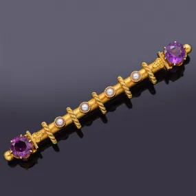 Antique 18K Gold Purple Tourmaline & Sea Pearl Bar Brooch Pin 51.5 x 6.0 mm