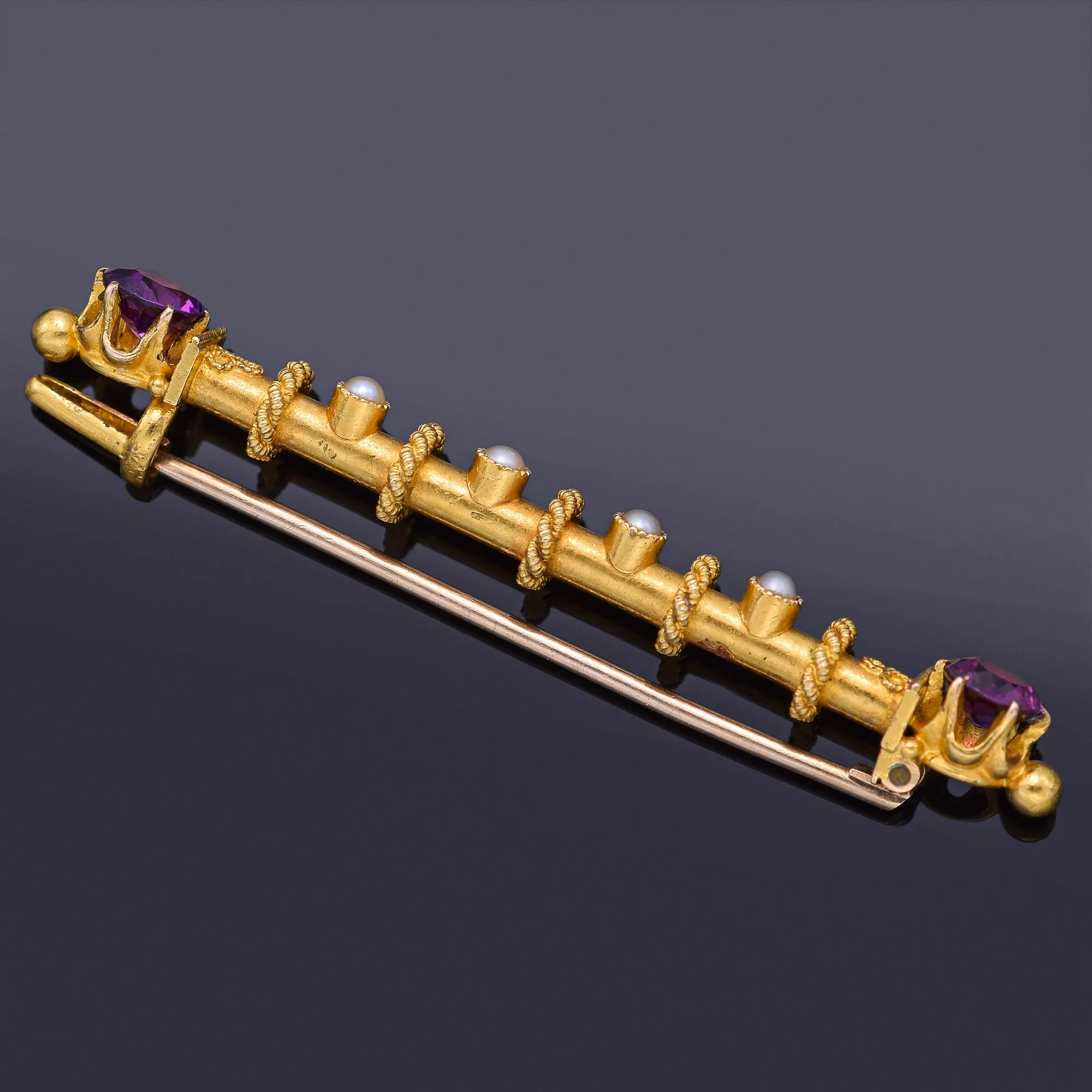 Antique 18K Gold Purple Tourmaline & Sea Pearl Bar Brooch Pin 51.5 x 6.0 mm