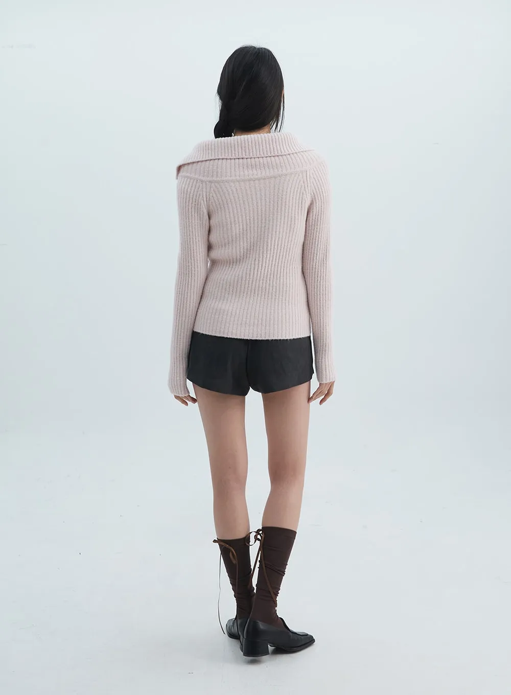 Asymmetrical Button Open Collar Knit Sweater ON313