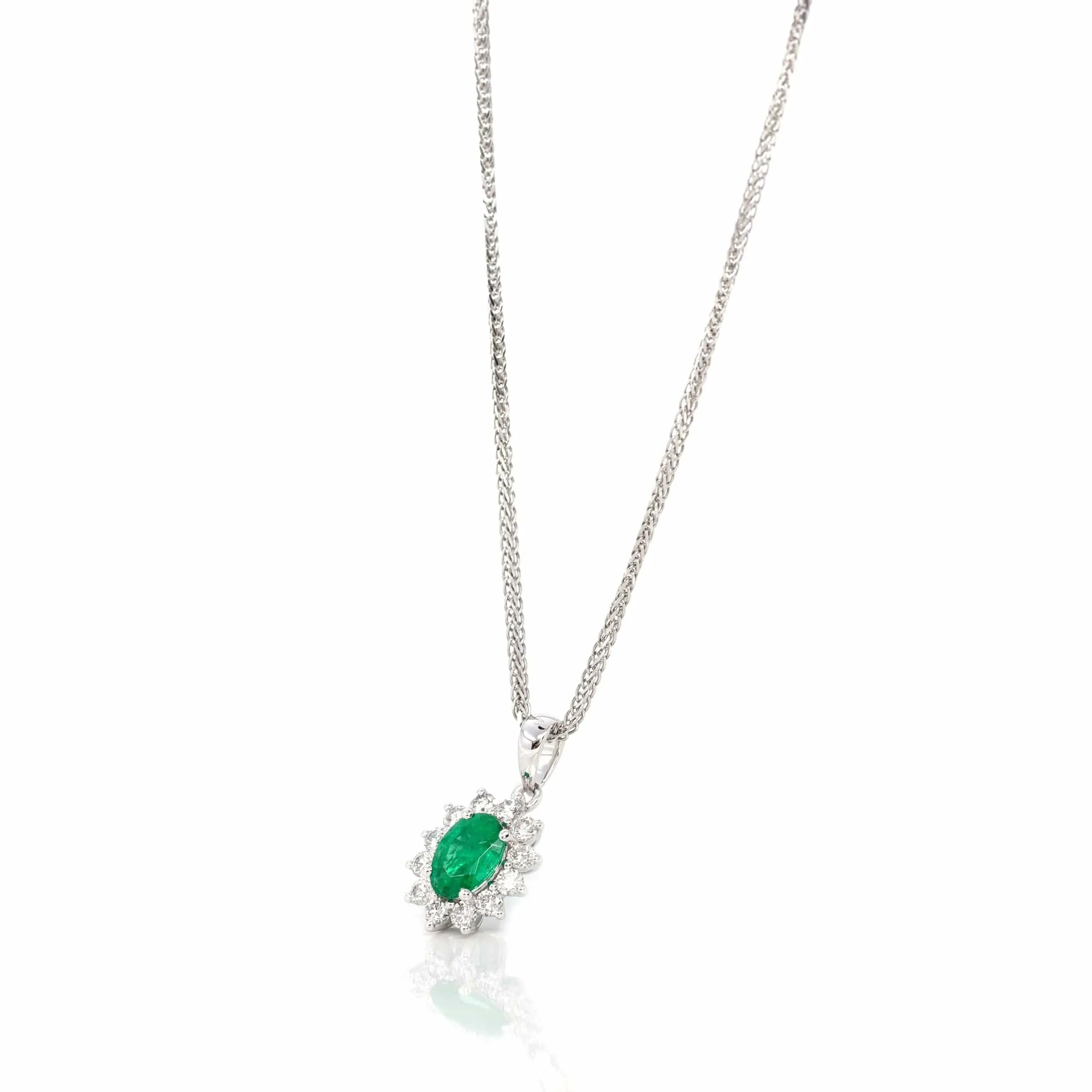 Baikalla? 18k White Gold AAA Emerald Round 4 Prong Set Necklace With VS1 Diamond Halo