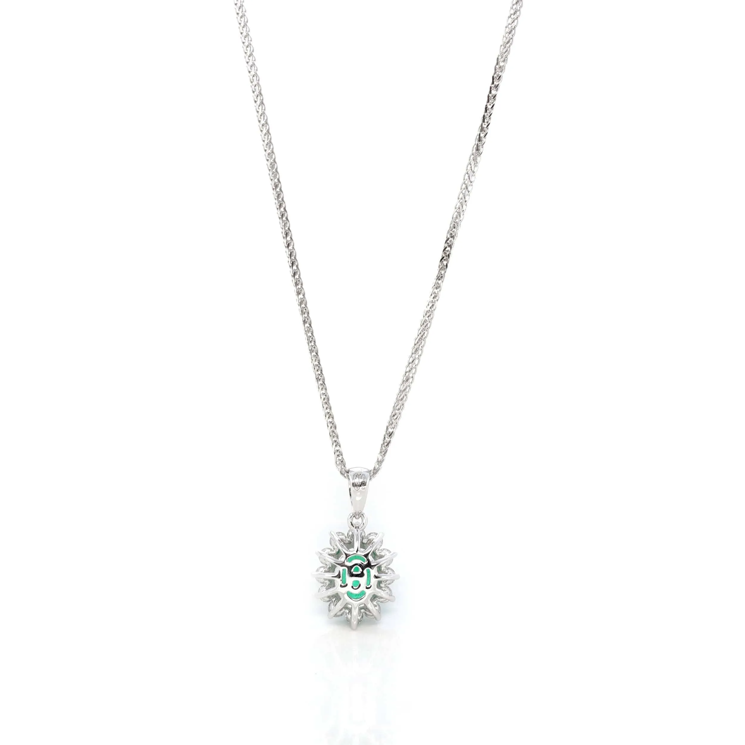 Baikalla? 18k White Gold AAA Emerald Round 4 Prong Set Necklace With VS1 Diamond Halo