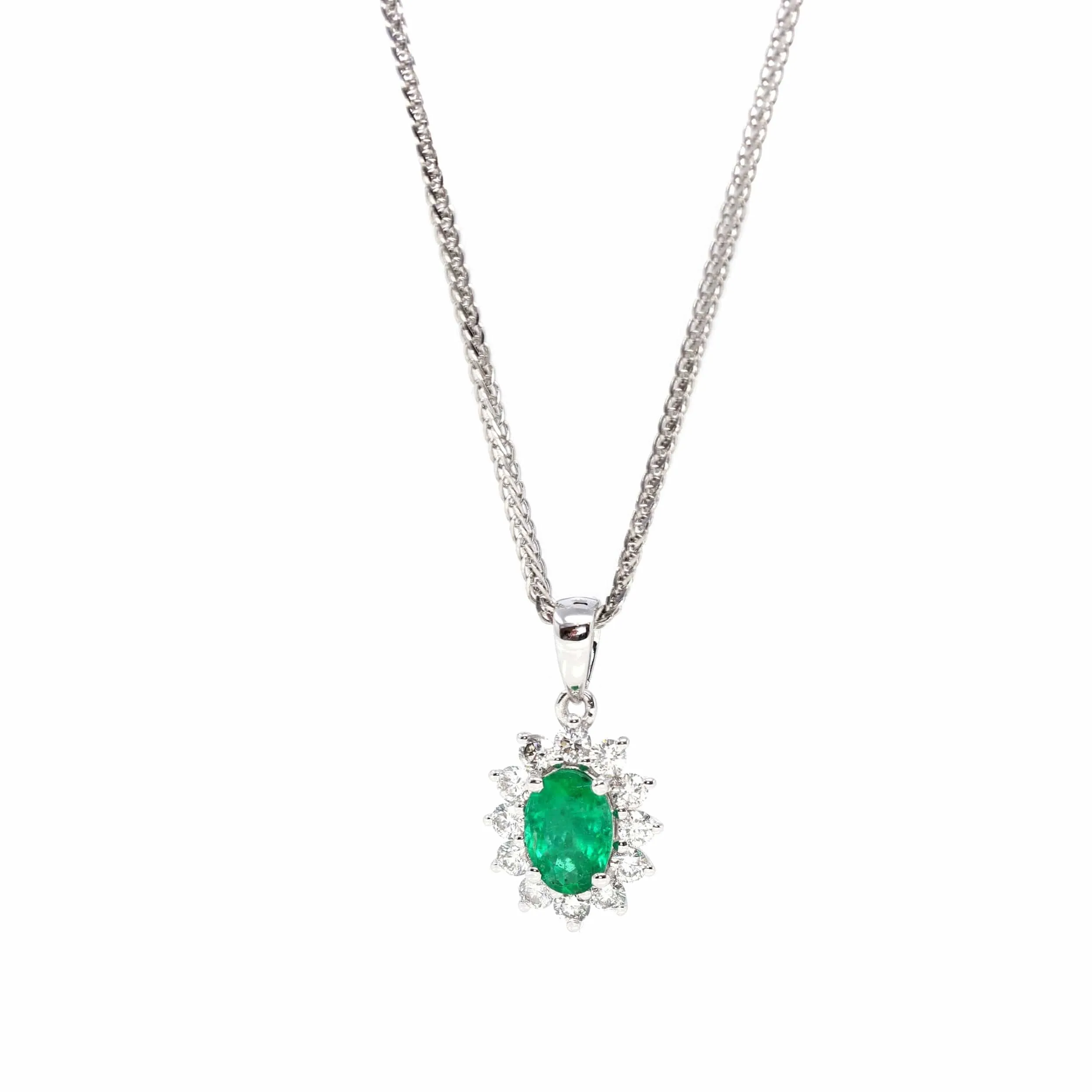 Baikalla? 18k White Gold AAA Emerald Round 4 Prong Set Necklace With VS1 Diamond Halo