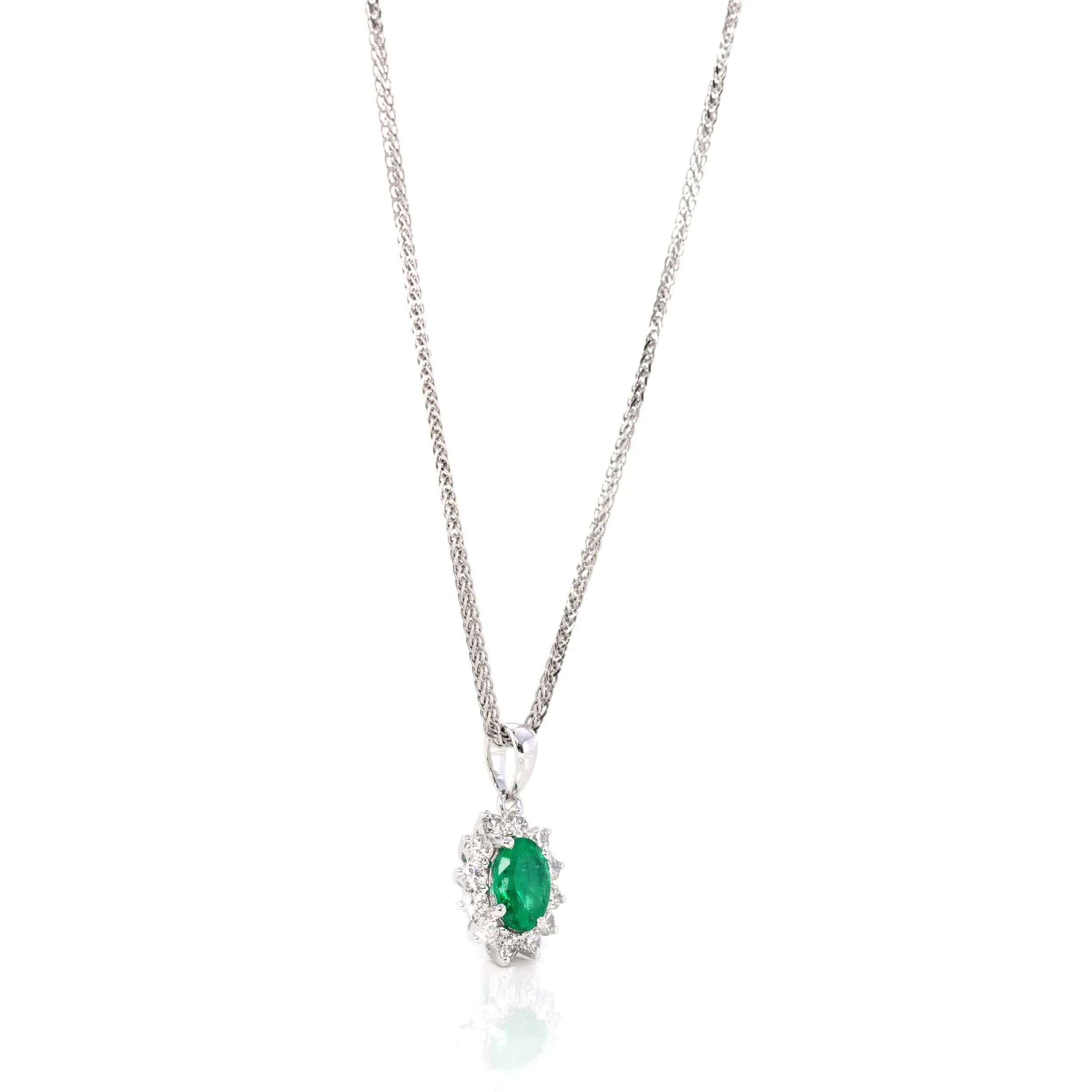 Baikalla? 18k White Gold AAA Emerald Round 4 Prong Set Necklace With VS1 Diamond Halo