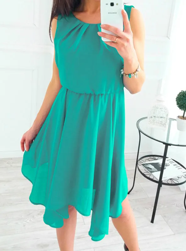 Beach Sundress Fashion O-Neck Sleeveless Pleated Party Dresses