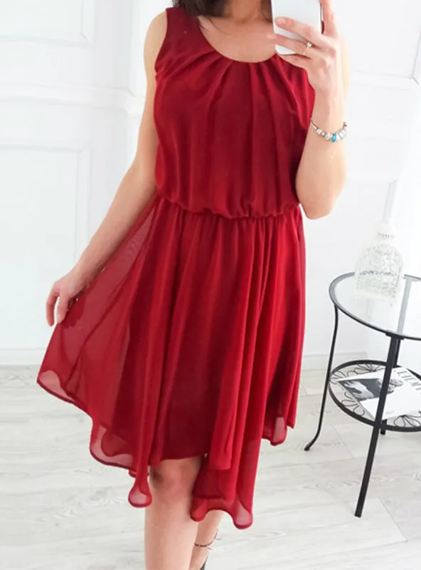 Beach Sundress Fashion O-Neck Sleeveless Pleated Party Dresses