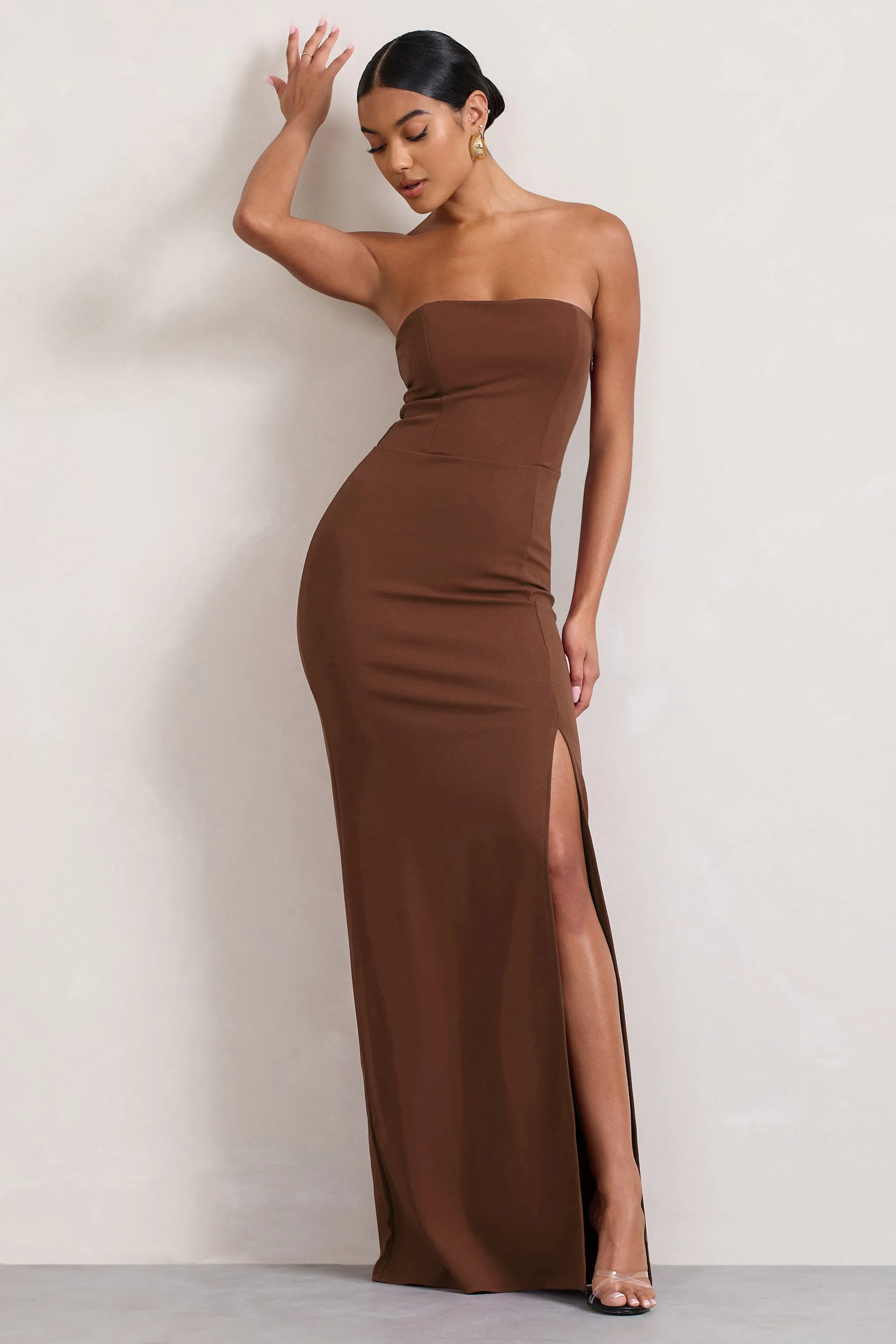 Belle of The Ball | Brown Bandeau Maxi Dress With Split Hem