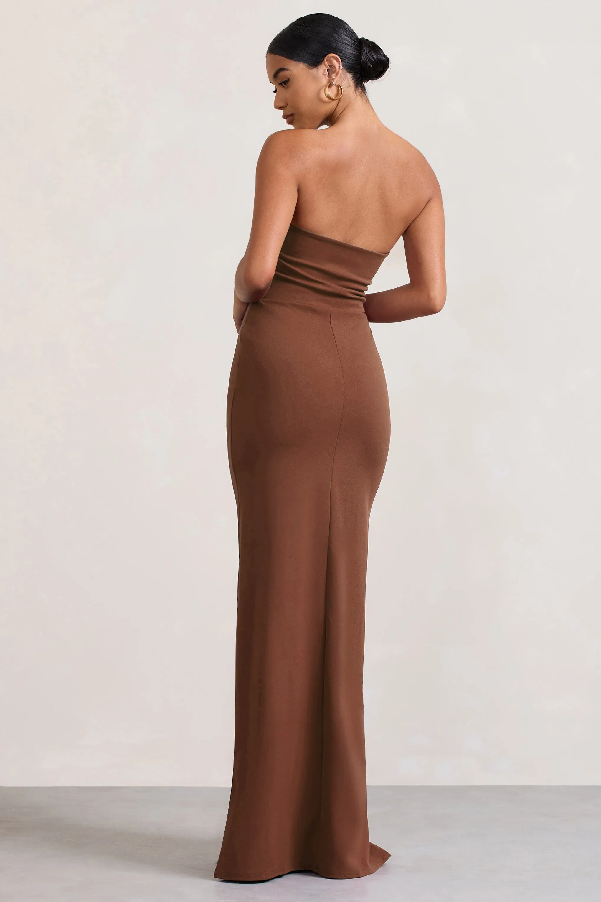 Belle of The Ball | Brown Bandeau Maxi Dress With Split Hem