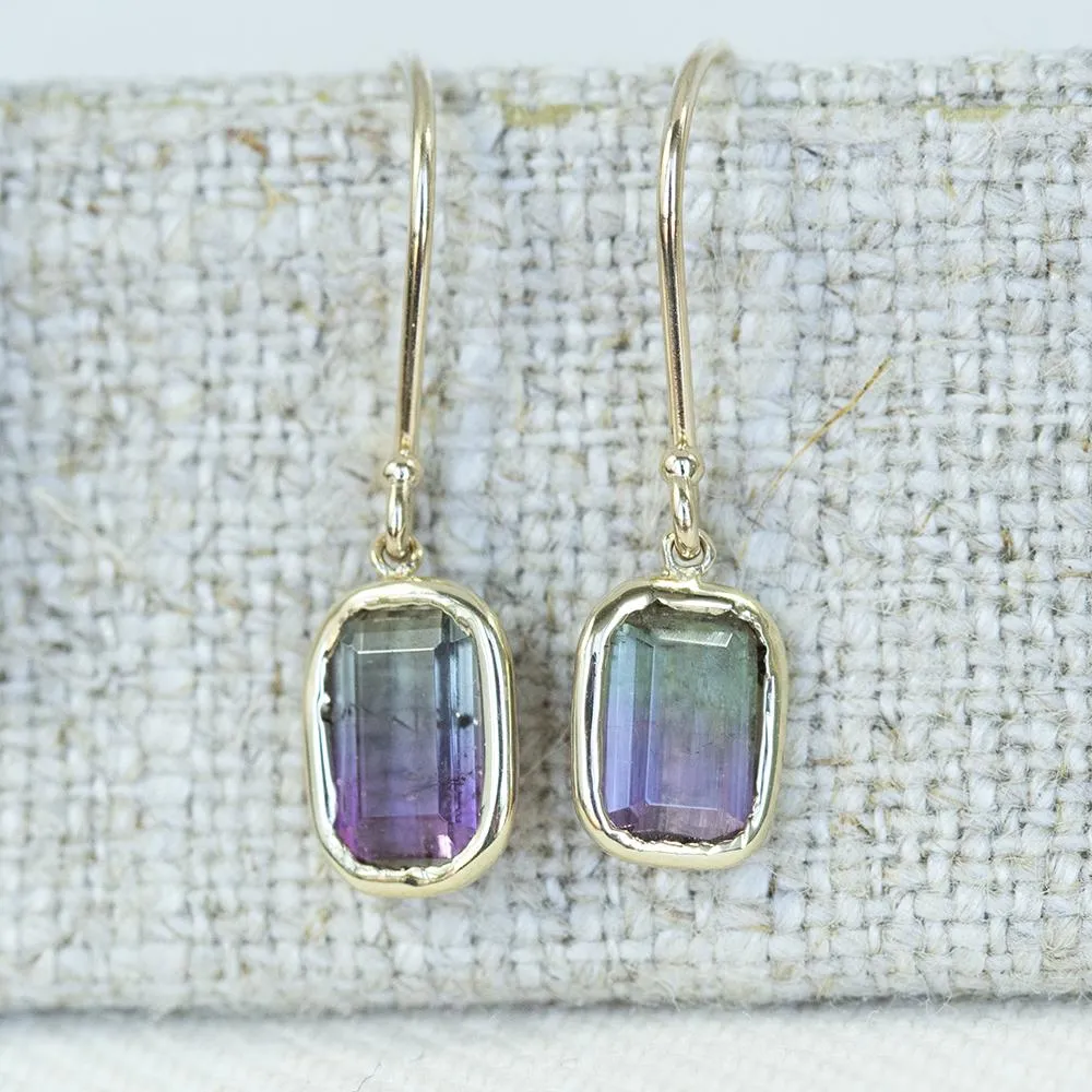 Bezel Set Bi Color Watermelon Tourmaline Dangle Earrings