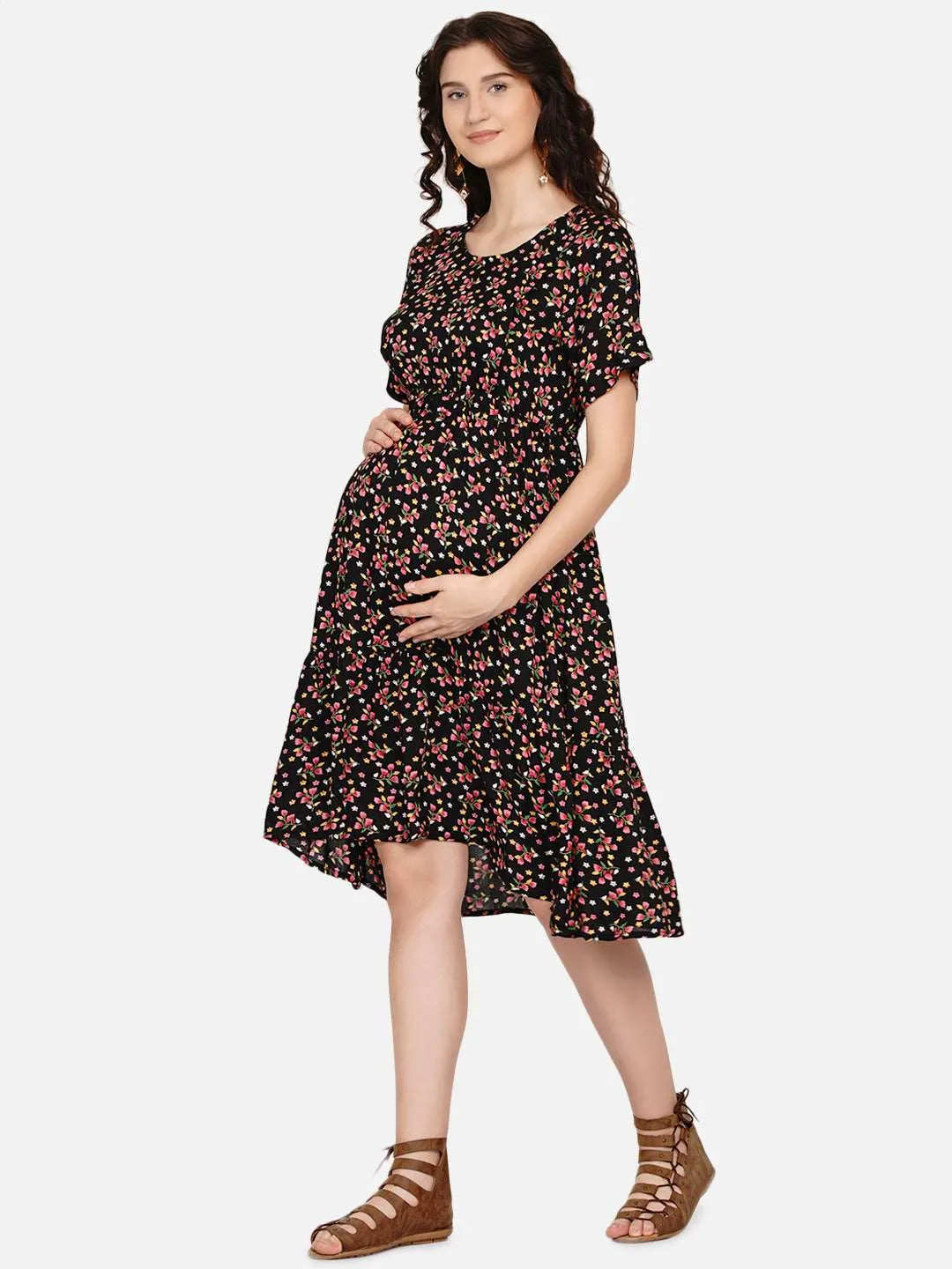 Black Floral Print Maternity and Nursing Midi Dress