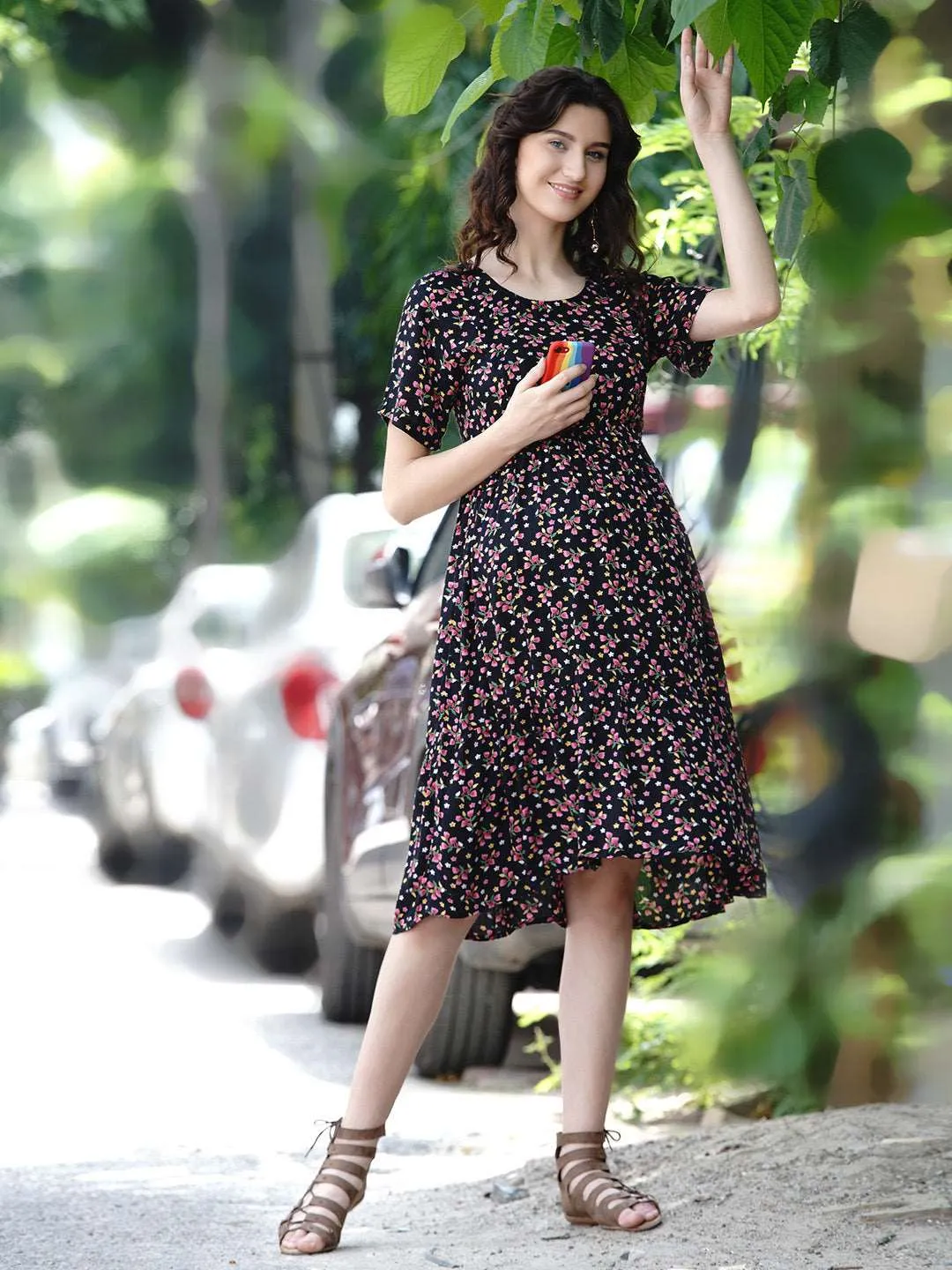 Black Floral Print Maternity and Nursing Midi Dress