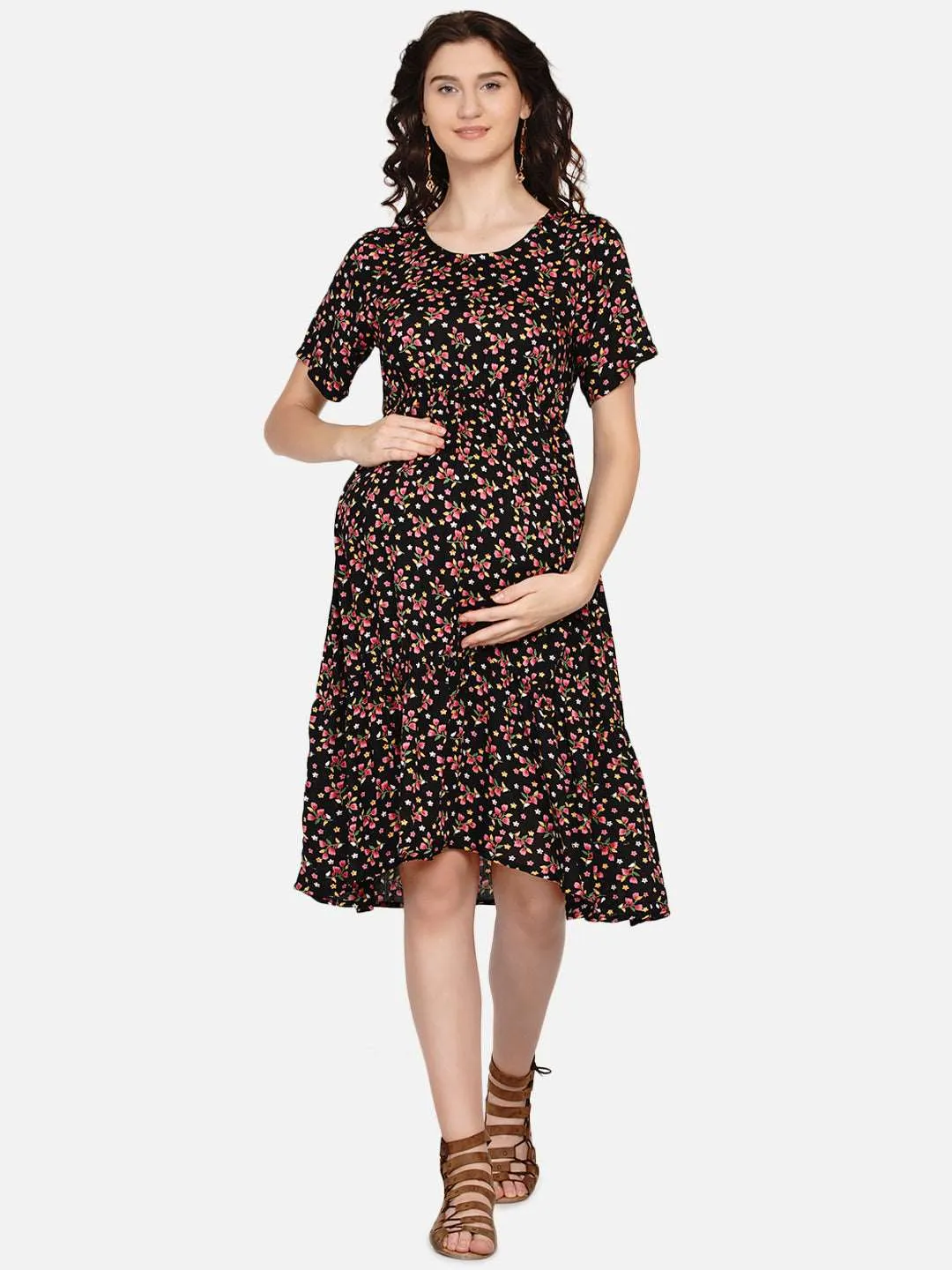 Black Floral Print Maternity and Nursing Midi Dress