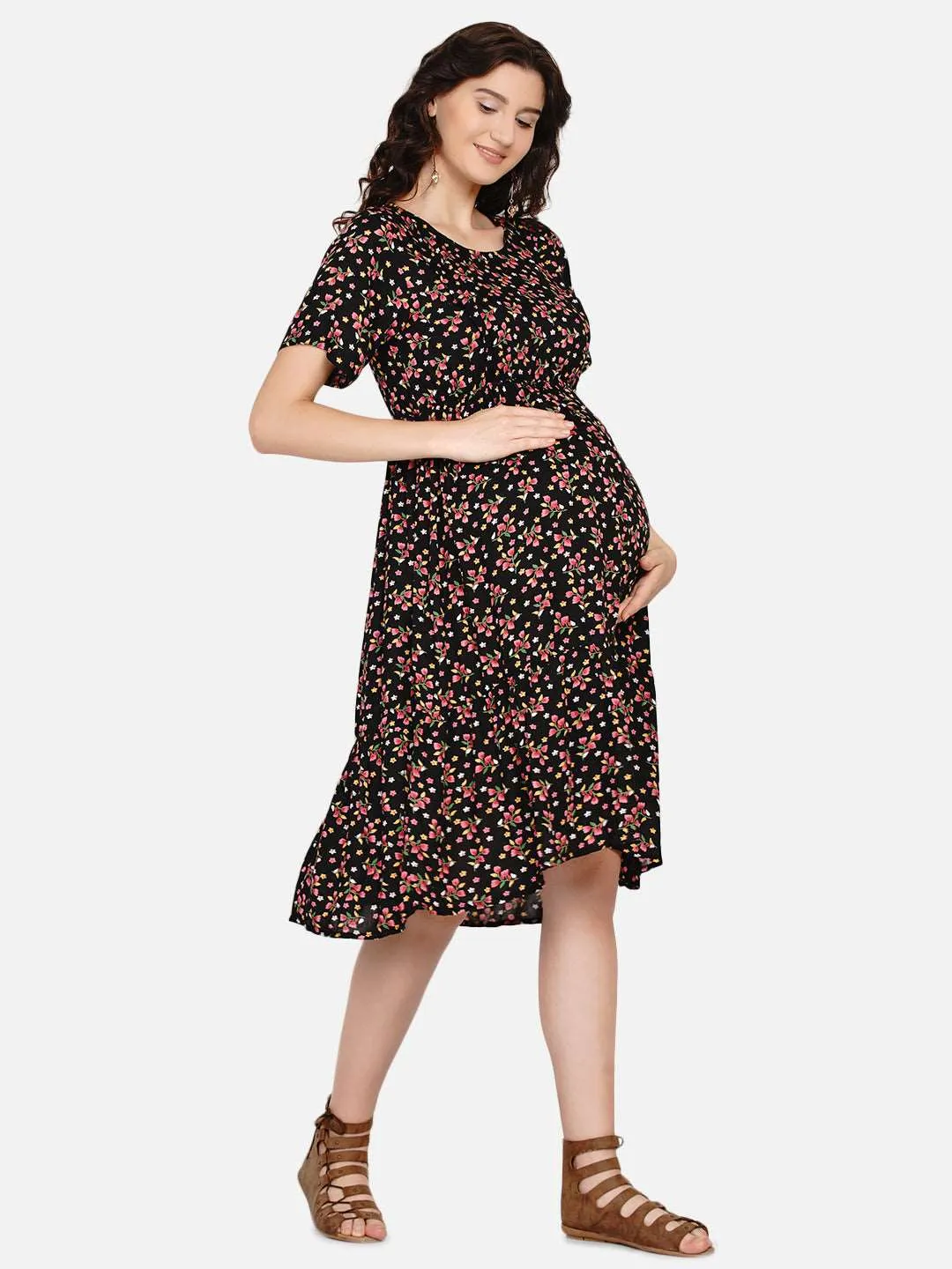 Black Floral Print Maternity and Nursing Midi Dress